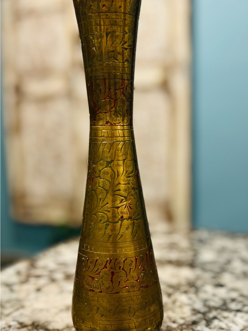 Ornate Brass, Floral Engraved Decorative Vase with a red inlay.  12in tall.